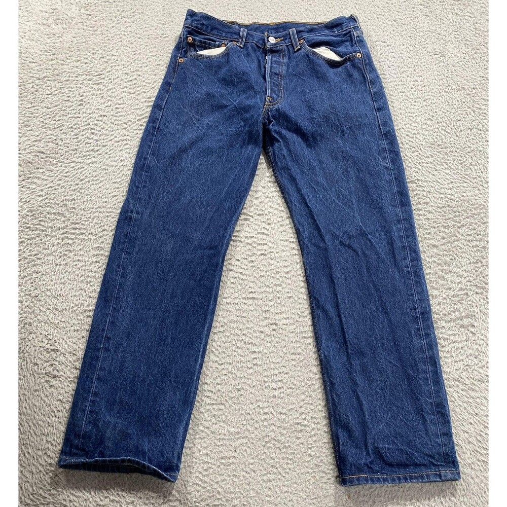 Levis 501 Jeans Men 33x29 Blue Straight Leg Red Batwing Denim Button Fly VTG Y2K